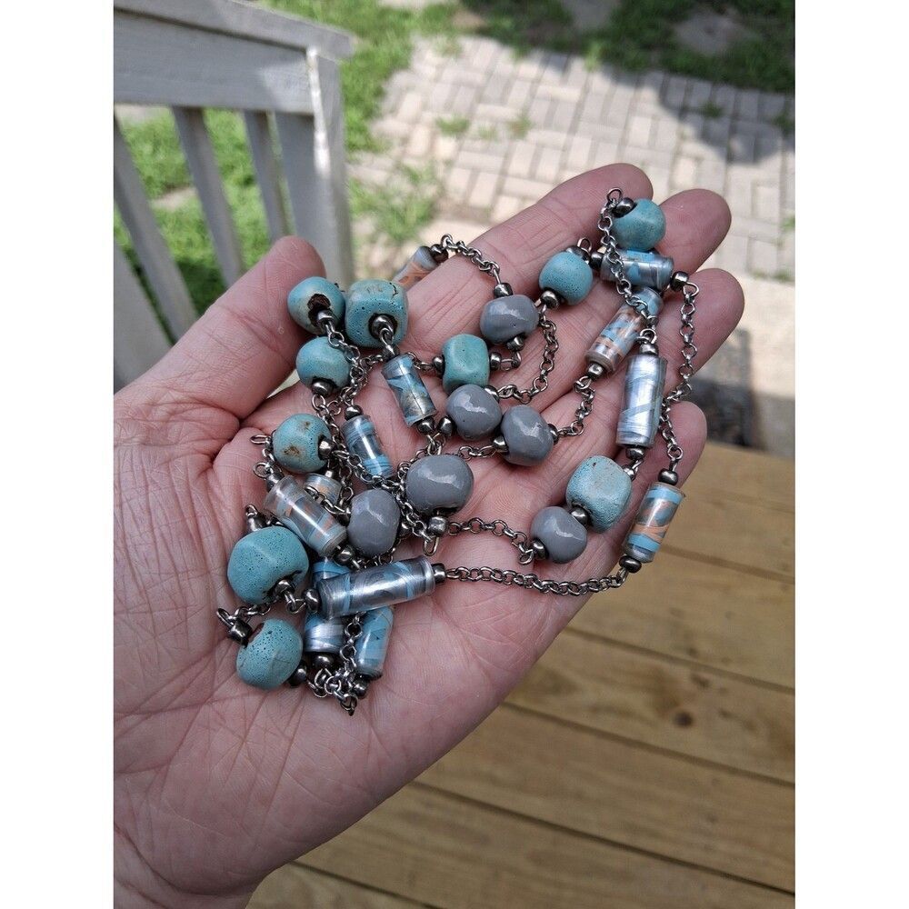 Sweater Necklace 25" Long Red Clay Glazed Beads Silver Metal Chain